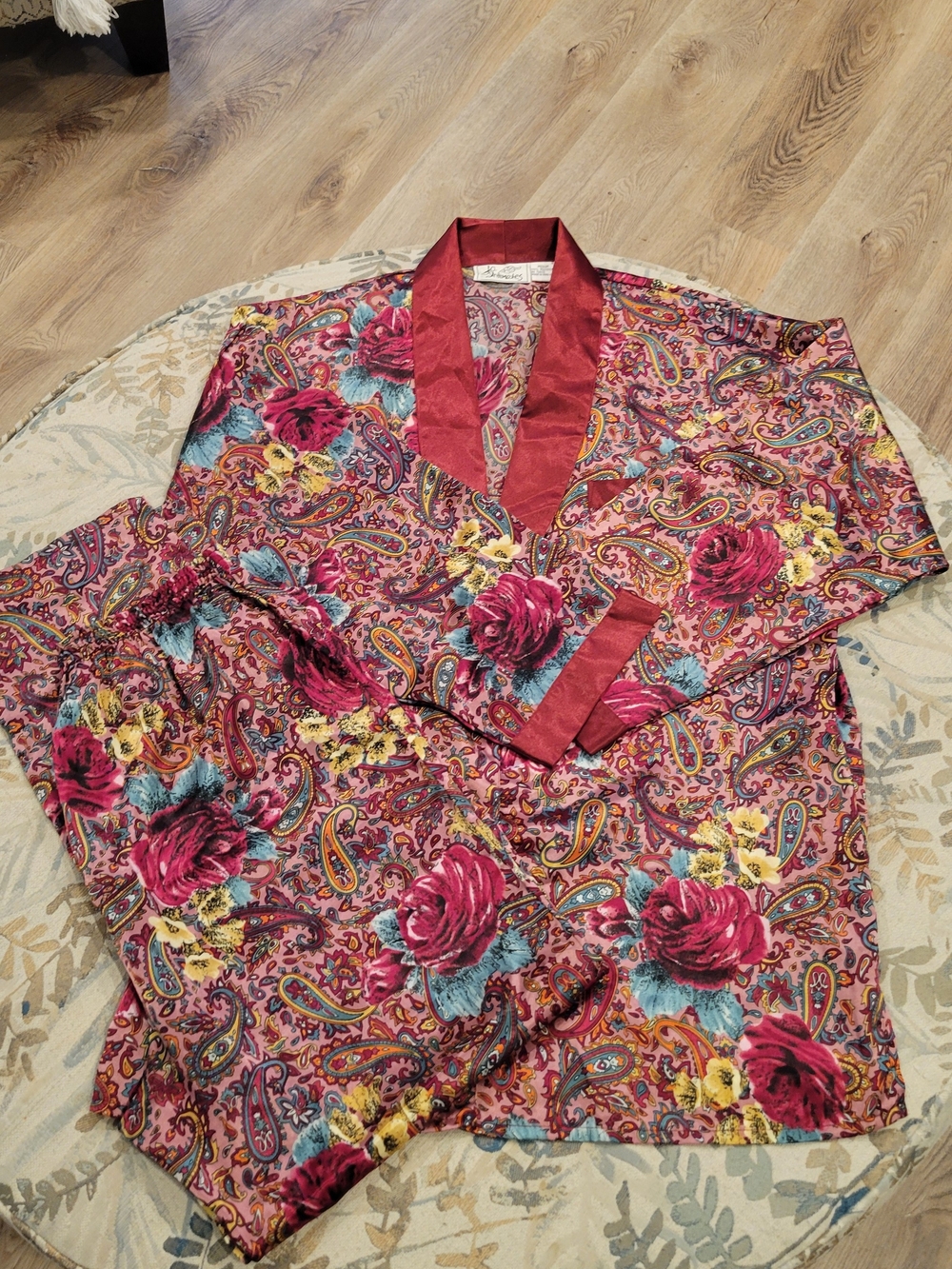 Women’s Floral Paisley Satin Pajama Set with Wine Trim